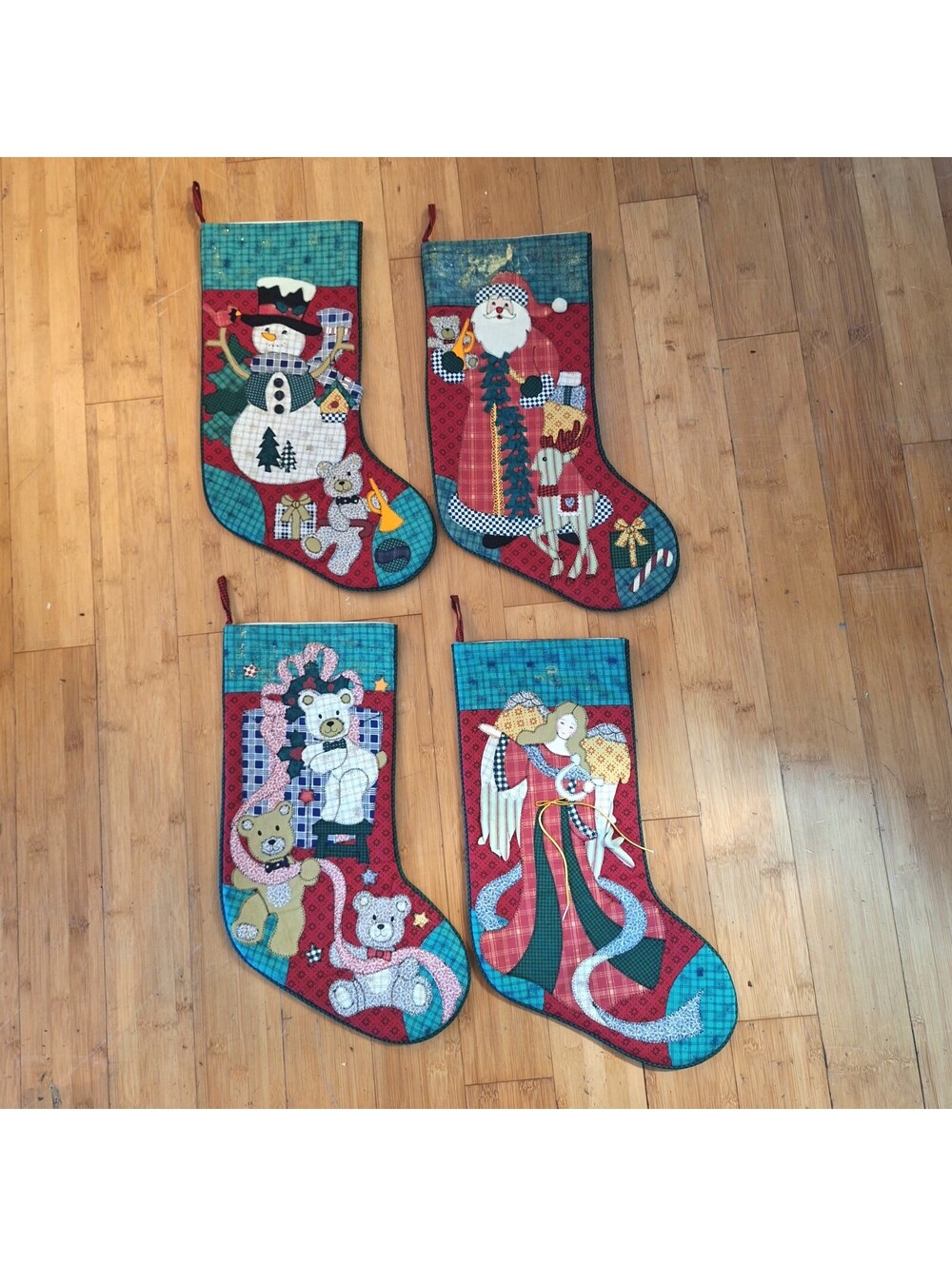 Lot of 4 Vintage Christmas Stockings Bear/Santa/Angel/Snowman 20"L X 8" Opening